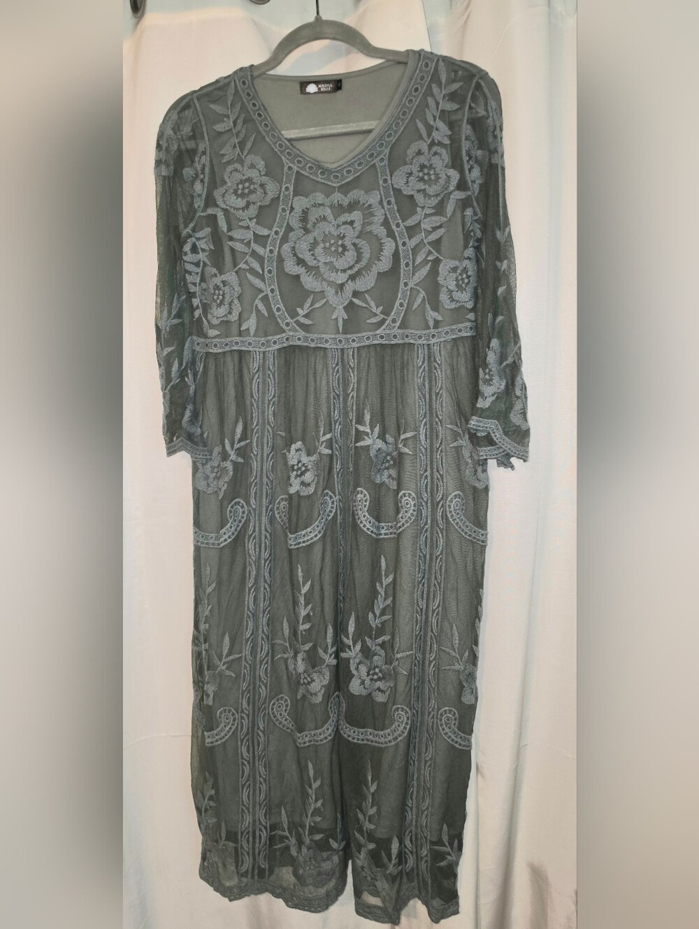 Embroidered Sheer Floral Midi Dress - Gray